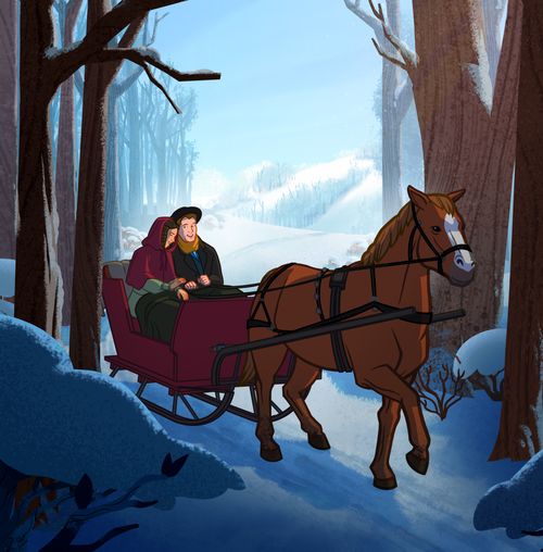 Emma and Joseph Smith riding together in a horse-drawn sleigh.