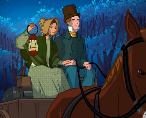 Emma and Joseph Smith riding a horse-drawn carriage into the woods.