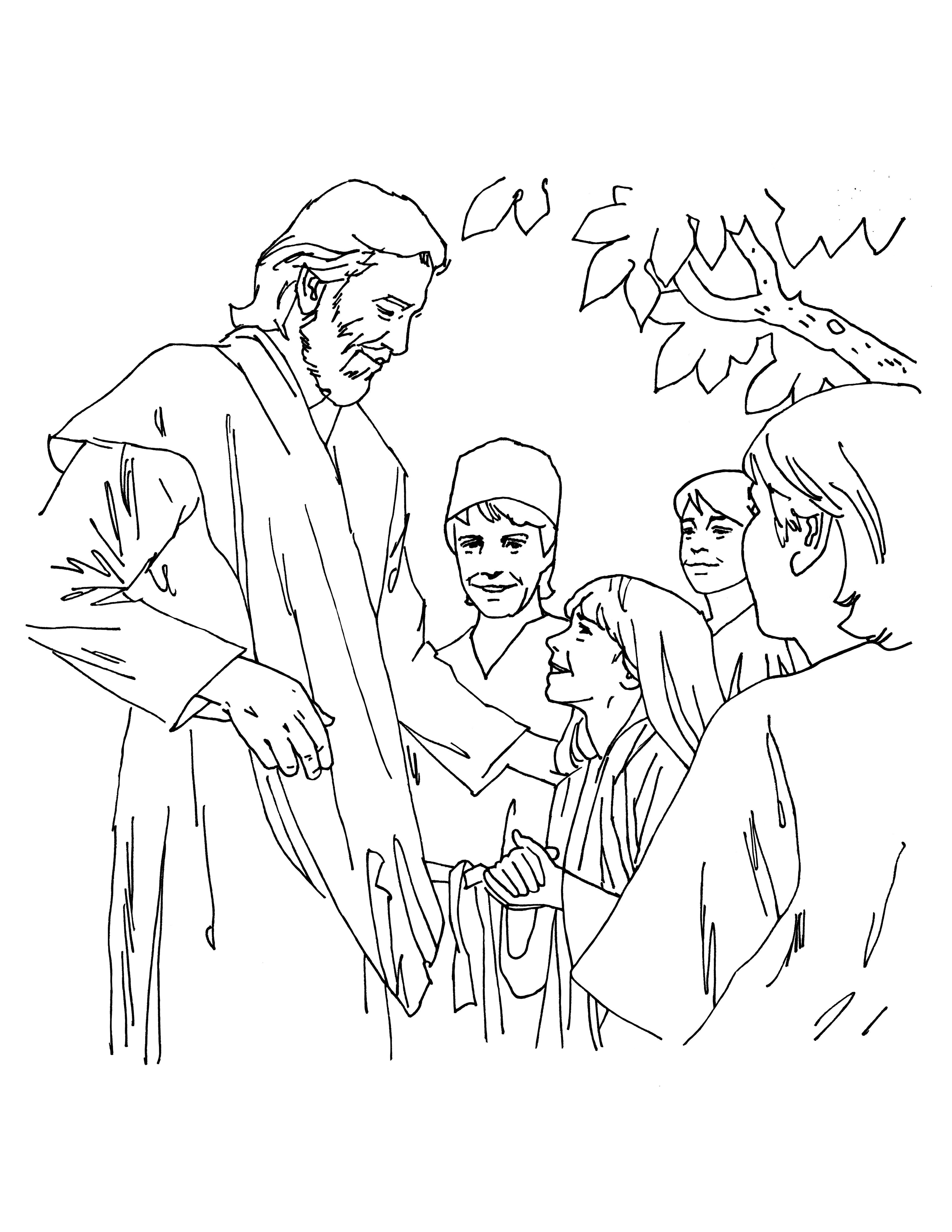 Jesus Christ speaks with a group of children.