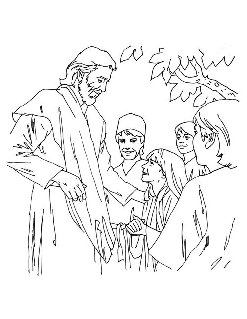 An illustration of Jesus Christ standing and speaking with four children gathered around Him outside.