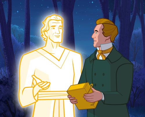 Moroni gives the gold plates to Joseph Smith.