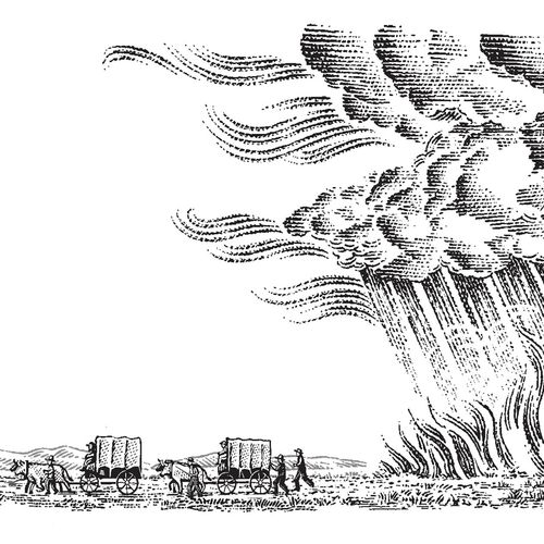 wagon train on the prairie being threatened by a fire that is being doused by a sudden storm