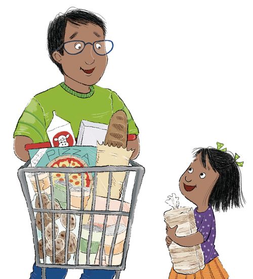 girl grocery shopping with dad