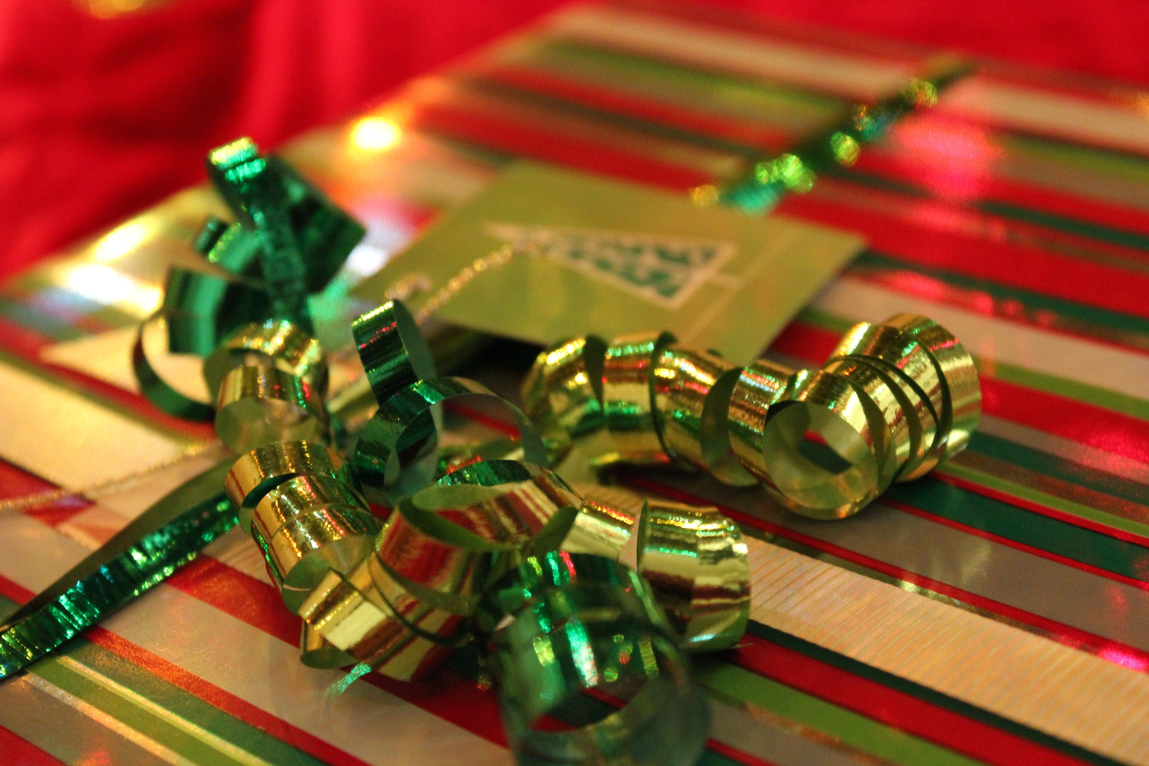 A ribbon decorates a Christmas present.
