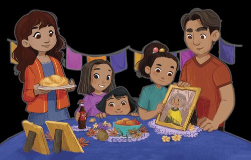 Illustrations about a family in Mexico gathering things together to remember their grandma who died. A girl named Lyan is holding a picture in a frame of grandma. There are two little sisters at the table. One of them, named Megan, has a bottle of soda that reminds her of grandma. There mother is holding a plate of “pan de muerto” (sweet bread made for Day of the Dead).   Lyan thinks about hugging her grandmother.