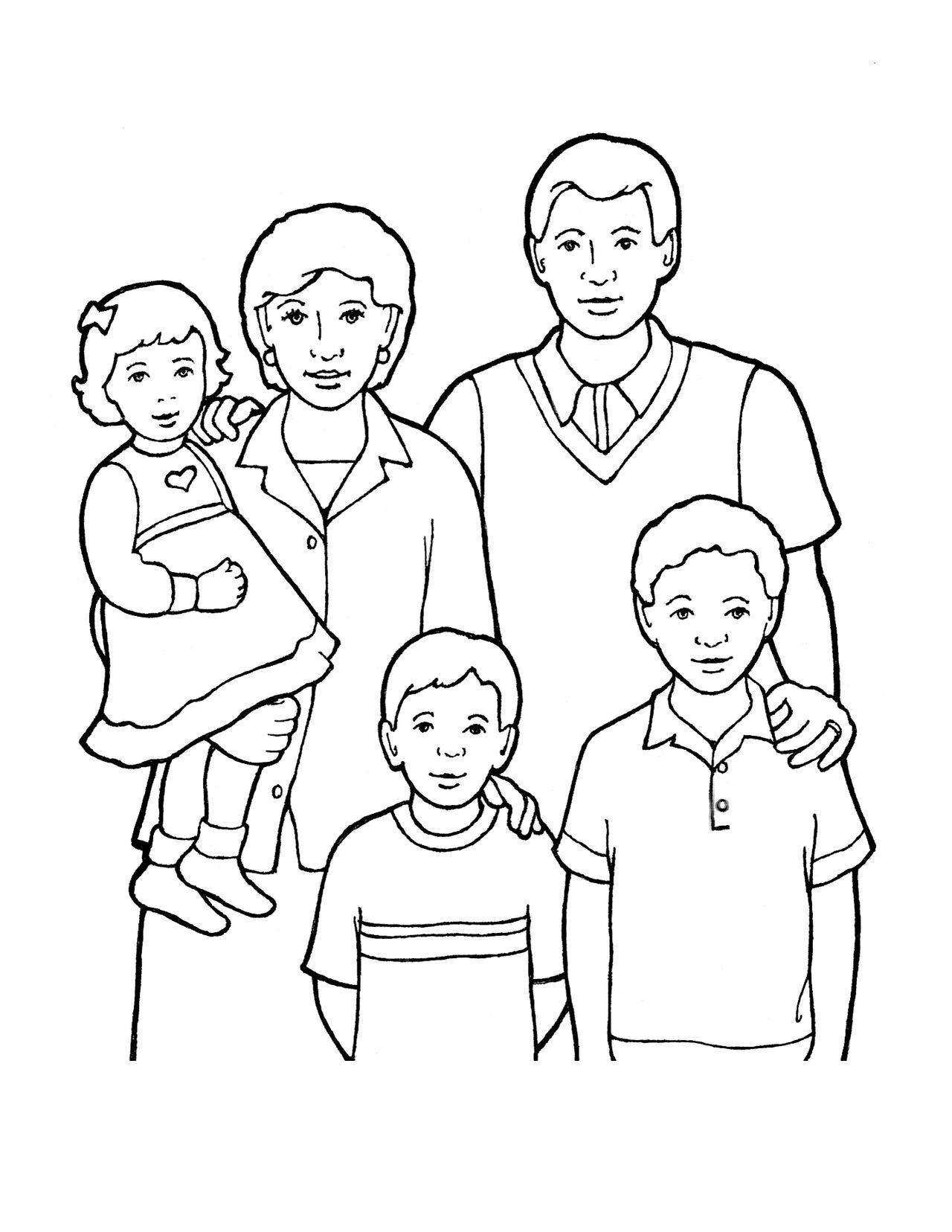 An illustration of a family of five standing side by side.