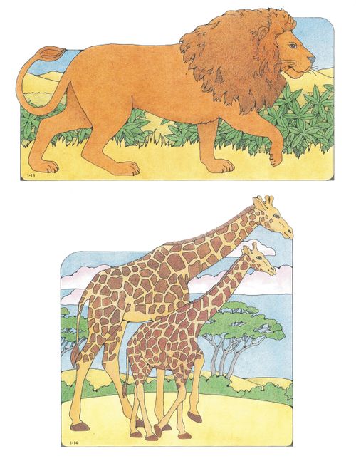 Primary cutouts of a lion walking with its tail facing up and a mother giraffe walking beside her baby.