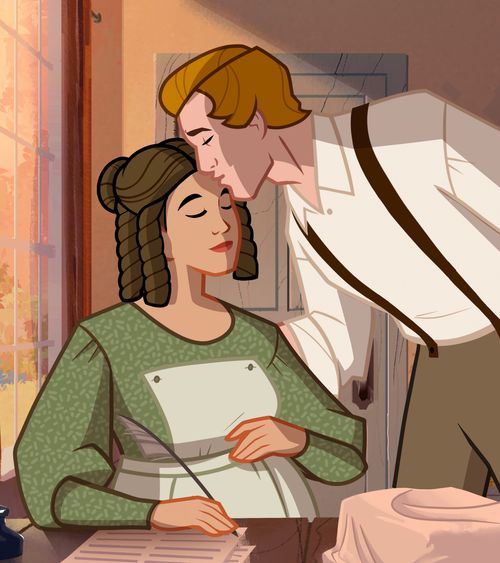 Joseph Smith kissing Emma on the forehead. She is helping him to translate from the gold plates.