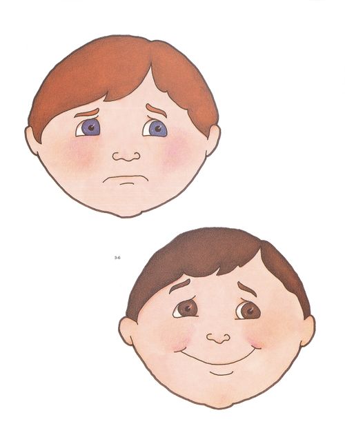 Two Primary cutouts of a boy’s face that is angry and a boy’s face that is happy.
