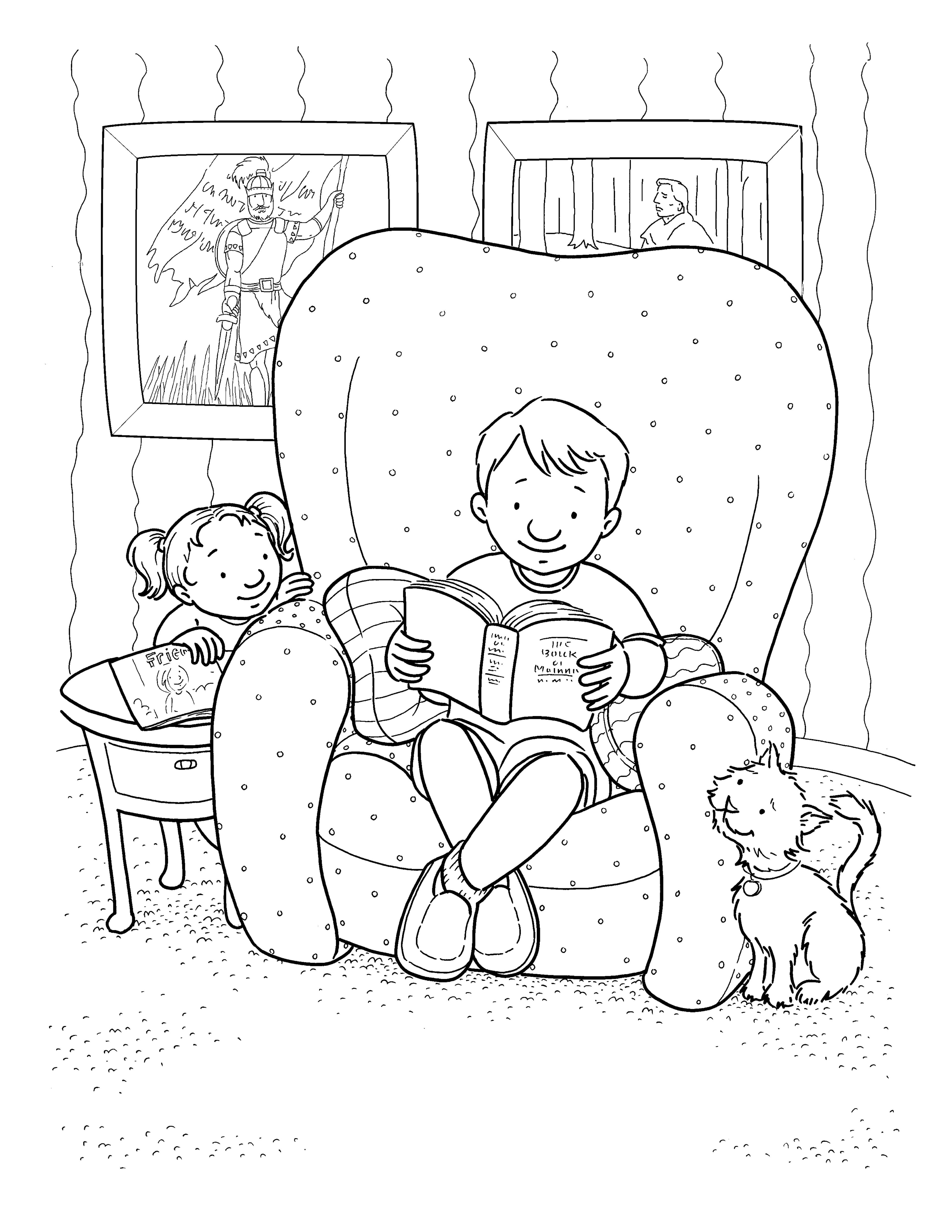 A boy sits in his armchair and reads his scriptures while his sister and his cat look up at him.