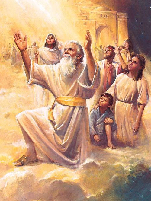 Painting of Enoch and people looking up toward light