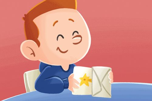 boy puts card in envelope