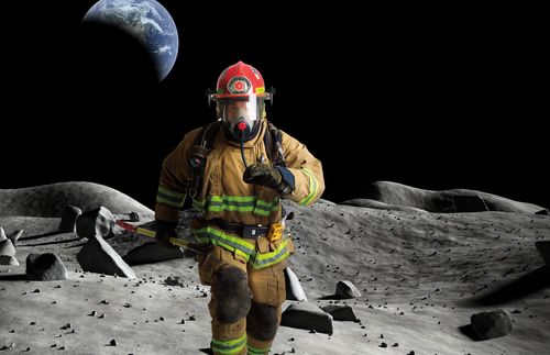 A fire fighter walking on the moon.