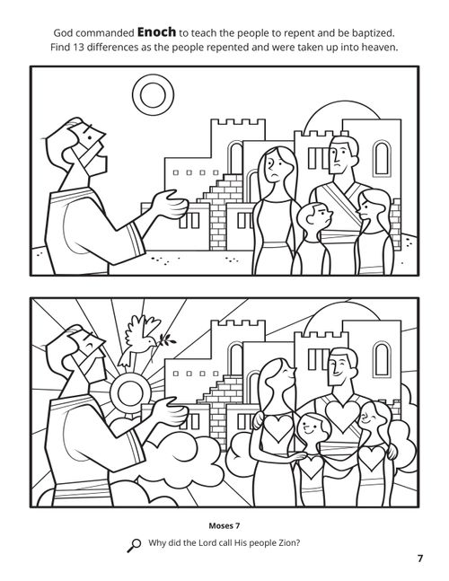 A line drawing of two similar images of Enoch preaching repentance to the people with a spot the difference game.