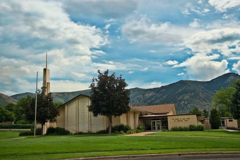 A chapel with mountains in the background in Eden, Utah.