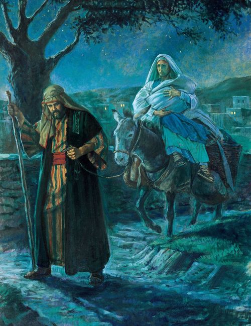 A painting by Robert T. Barrett of Joseph walking in front of a donkey that is carrying Mary and the Christ child as they flee Jerusalem at night.