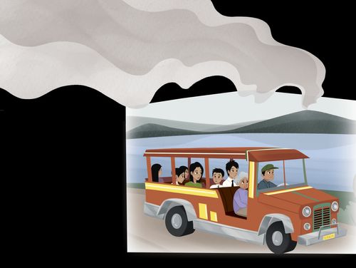 Family riding jeepney with smoke in the background