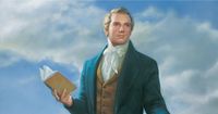 Portrait (full figure) of Joseph Smith, Jr. The Prophet is depicted standing on the grounds of the Kirtland Temple. He is holding a copy of the Book of Mormon. There are clouds in the sky.