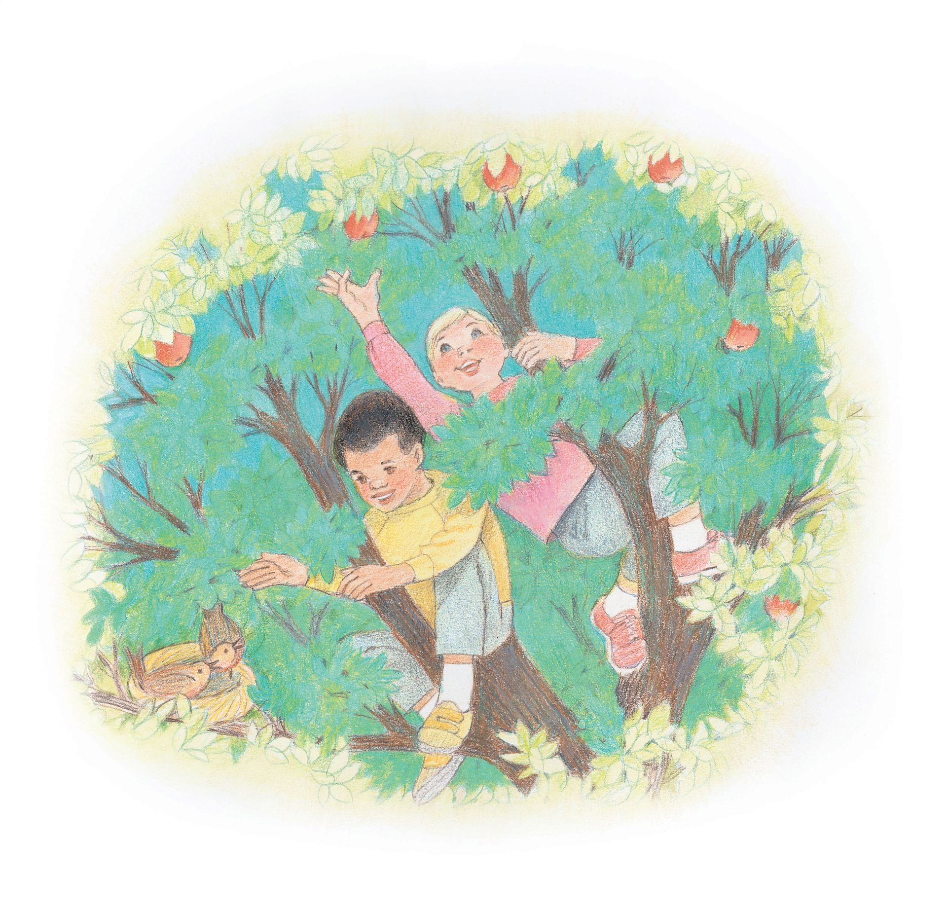 Two children climbing a tree and picking apples. From the Children’s Songbook, page 240, “In the Leafy Treetops”; watercolor illustration by Virginia Sargent.