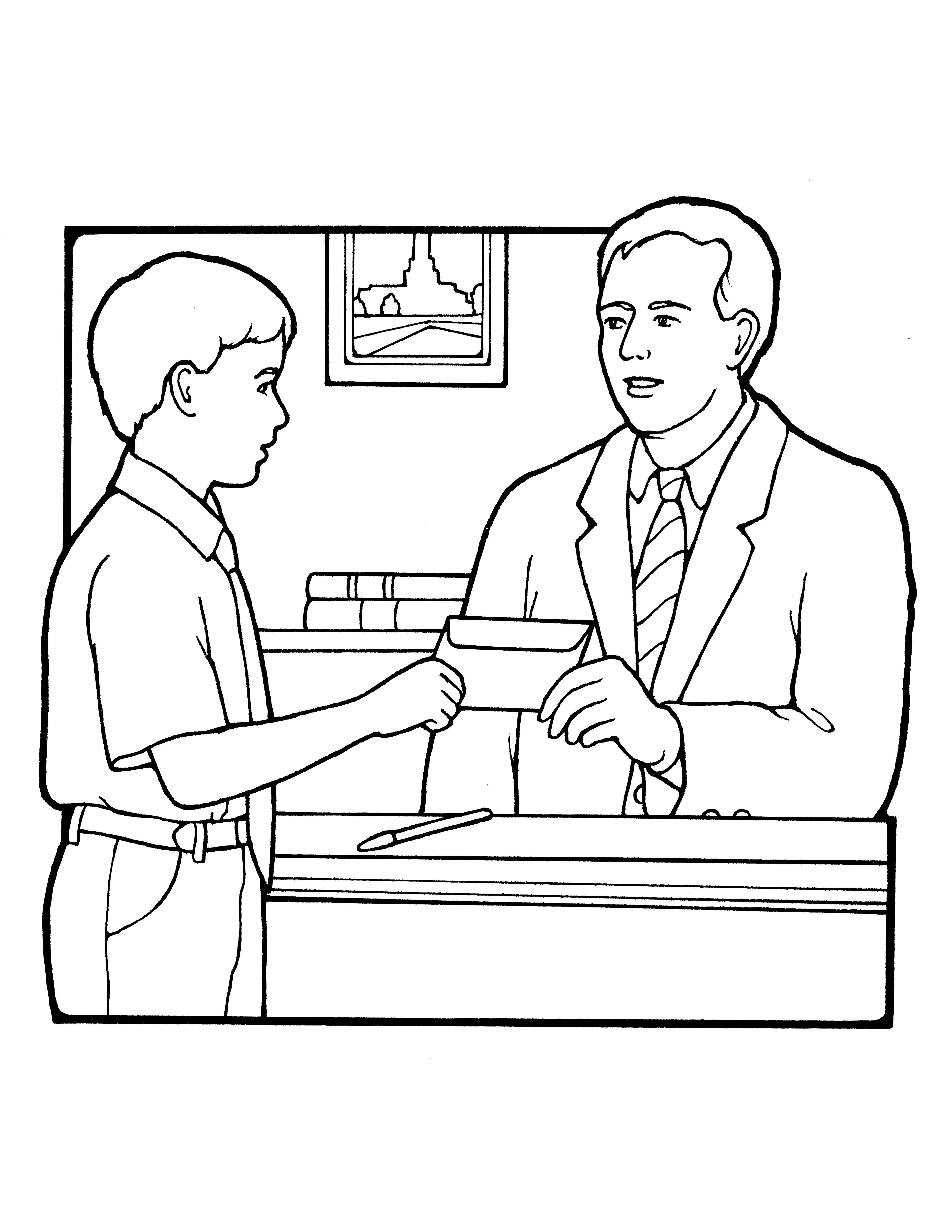 An illustration of a boy giving his bishop a tithing envelope.