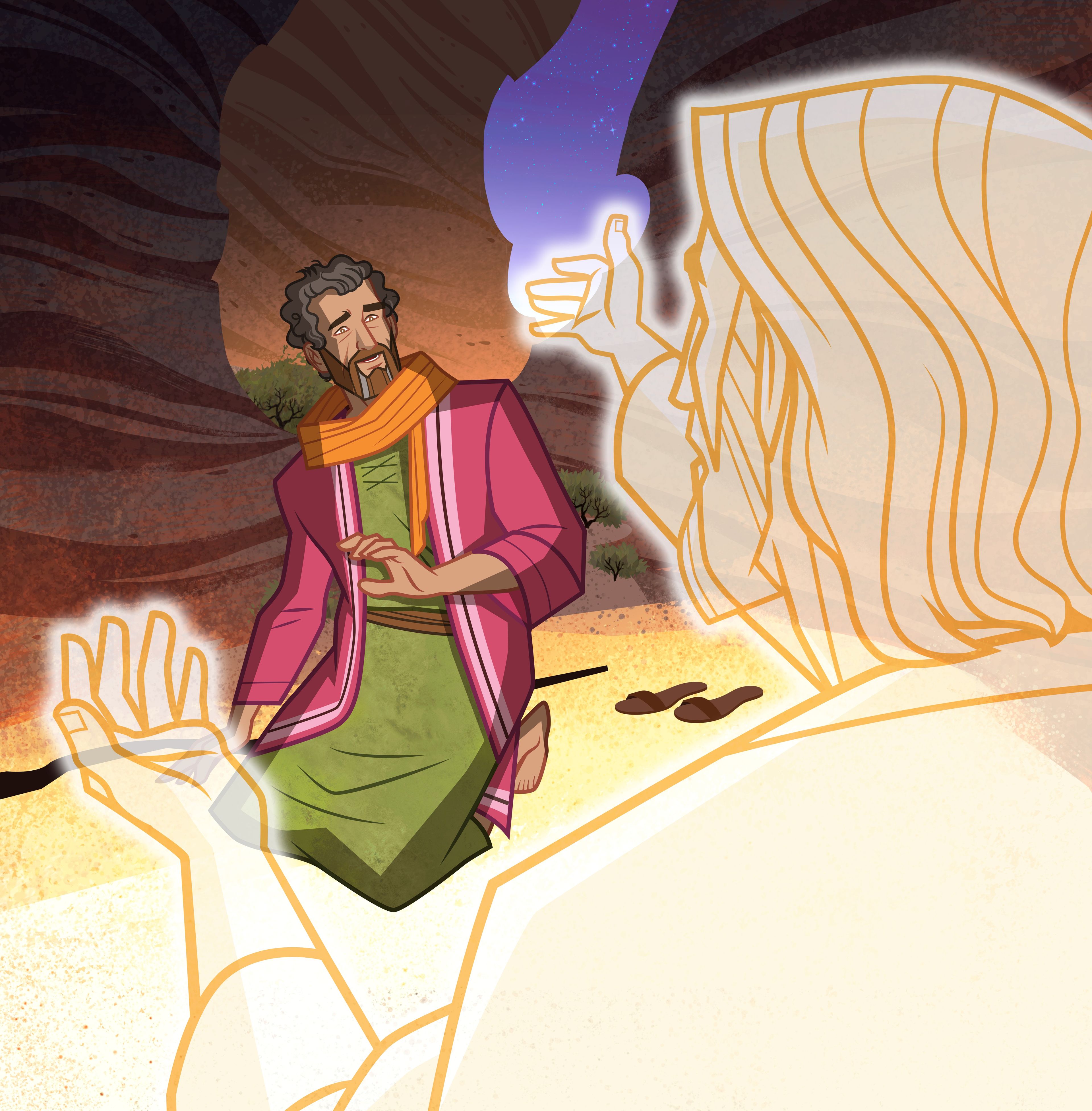 Illustration of Jesus talking to Moses. Exodus 3:7–18