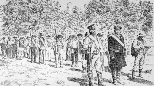 Members of the Mormon Battalion depicted marching through a wooded area.  Most of the men have guns in their hands and are a uniform.