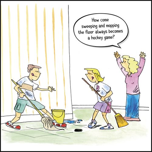 brother and sister playing hockey with broom and mop