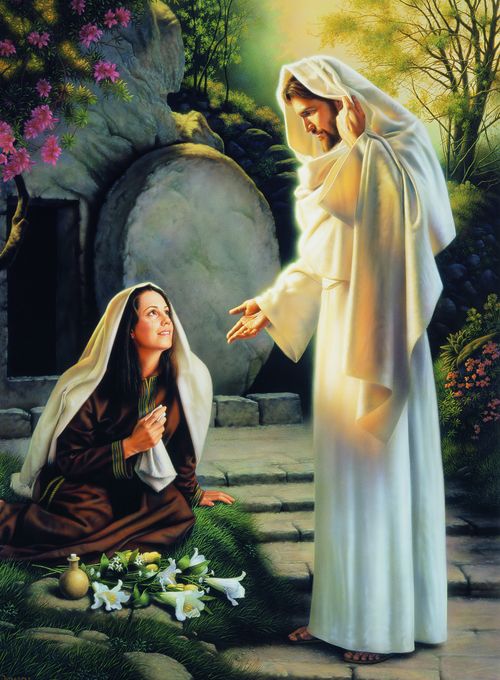 The scripture from John 20:15-16 is depicted where the resurrected Christ asks Mary Magdalene "Why weepest thou?"