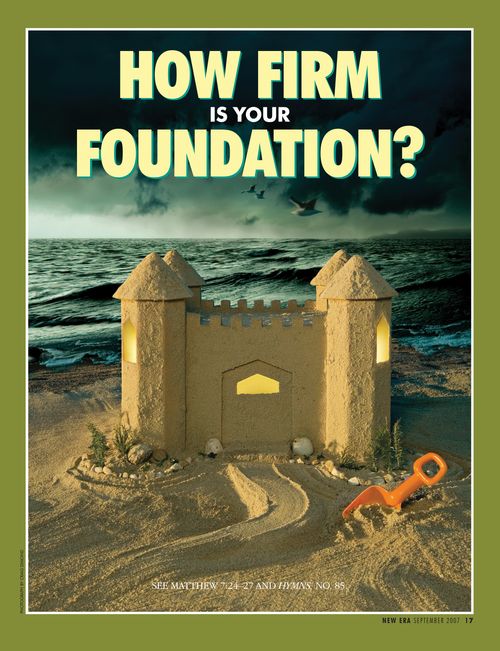 A conceptual photograph of a sand castle on a beach with a storm in the background, paired with the words “How Firm Is Your Foundation?”
