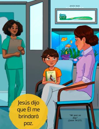 child holding photo of Jesus while waiting in doctor office