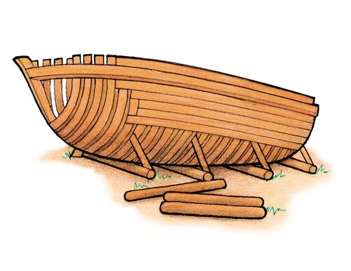 An illustration of a boat being constructed so Nephi can take his family across the ocean to the promised land.