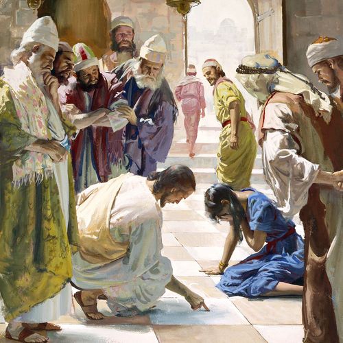 Jesus schreibt neben einer weinenden Frau mit dem Finger etwas auf den Boden