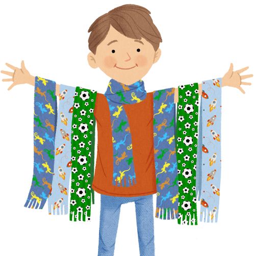 boy holding up armful of scarves