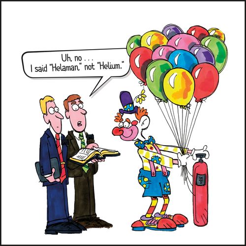 Illustration of a clown with helium balloons of many colors listening to 2 Elder missionaries reading the Book of Mormon.