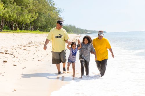 family walking on a beach