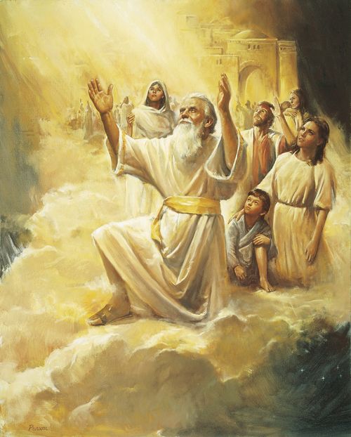 The Old Testament prophet Enoch and people from the City of Zion being translated.  The people are depicted kneeling on a cloud.  Enoch has his arms raised in the air.