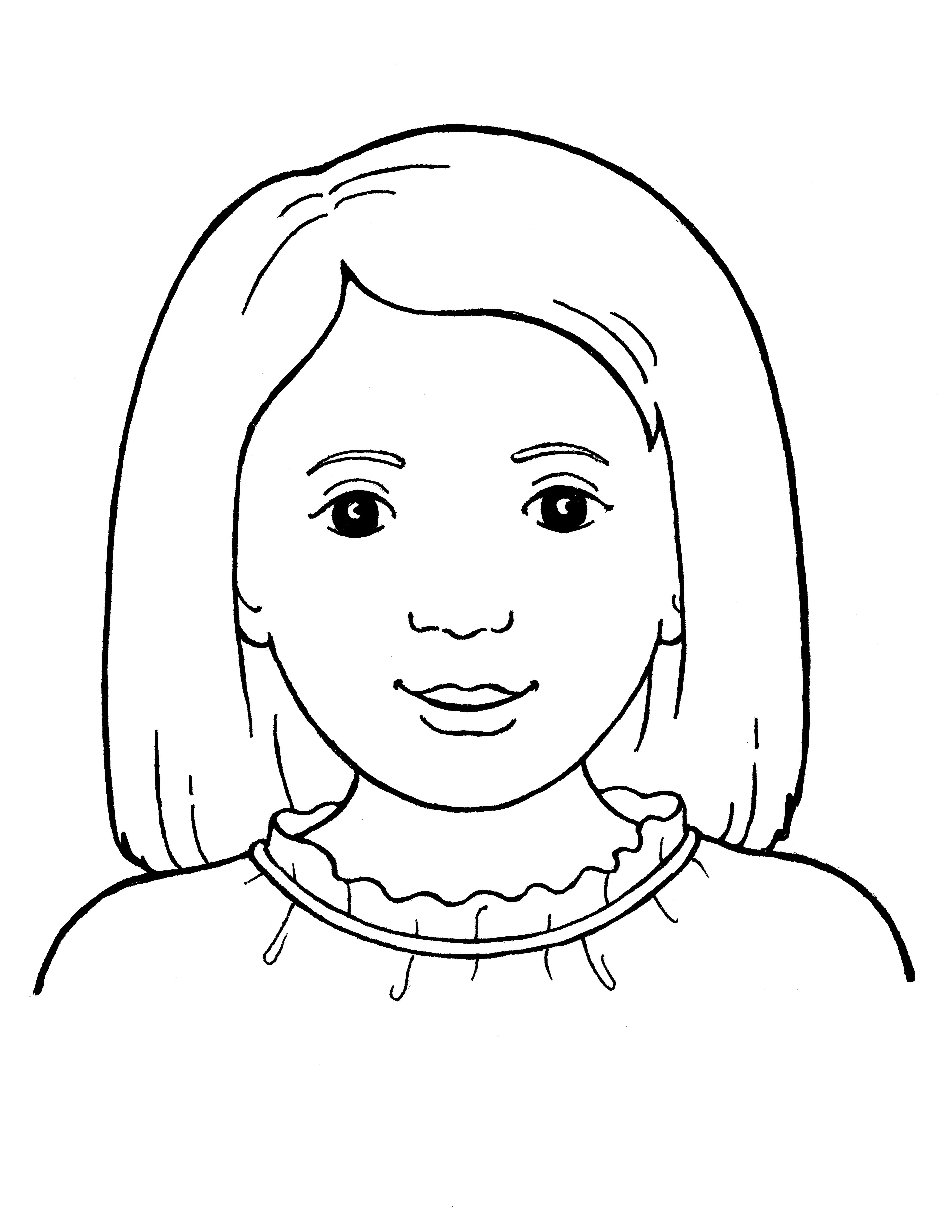 A line drawing of a young Primary girl with brown eyes.
