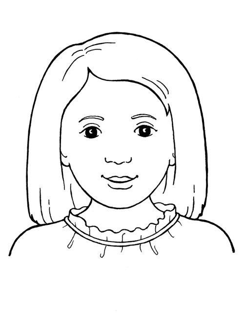 A black-and-white illustration of a young girl with shoulder-length hair, dark eyes, and a blouse with a frilly collar.
