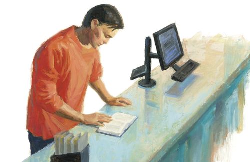 Illustration of a man standing at a counter and reading a copy of the Book of Mormon..