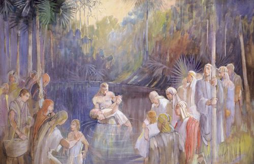 Alma baptizing in the waters of Mormon