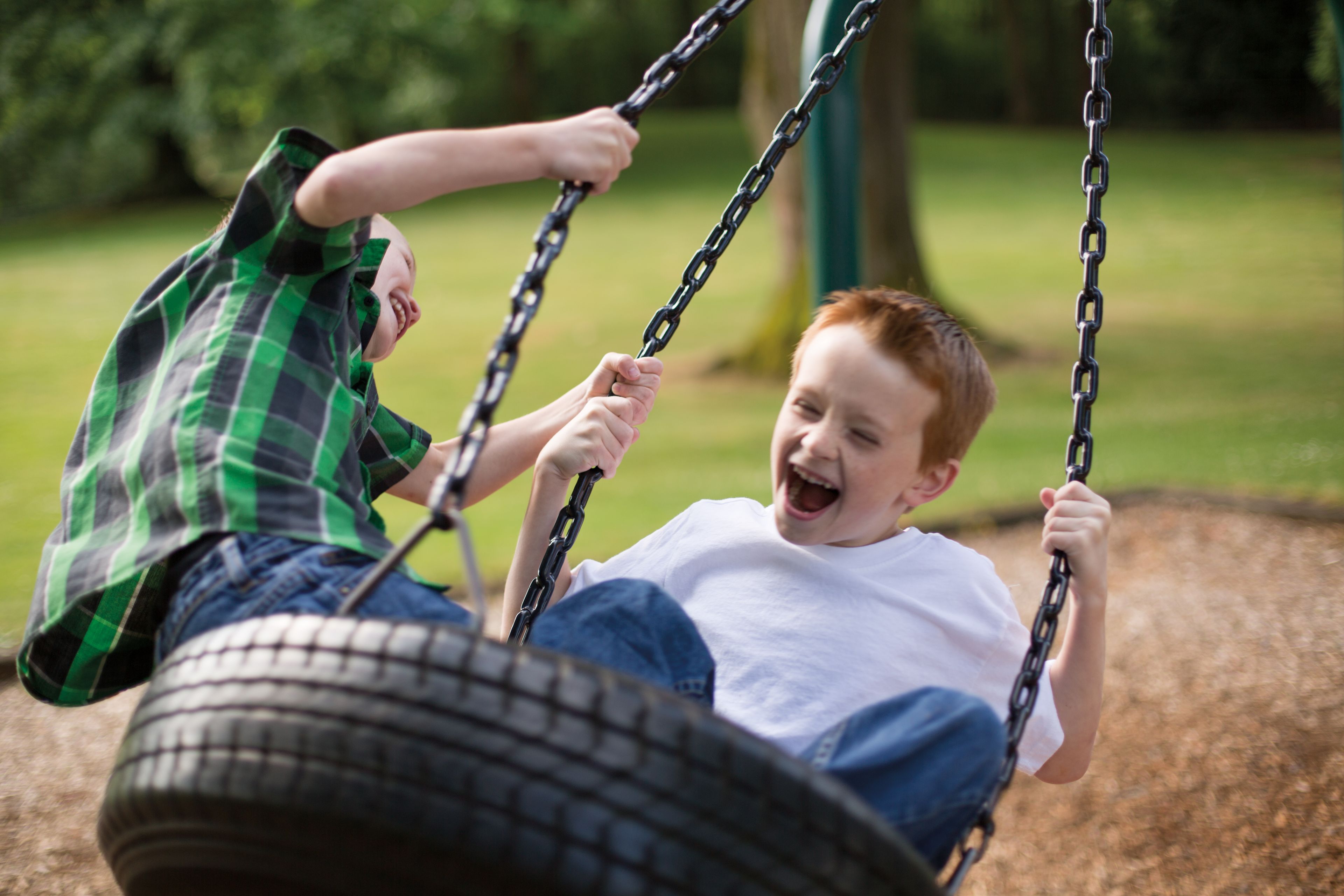 Two boys play on a tire swing.