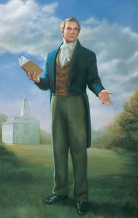 Portrait (full figure) of Joseph Smith, Jr. The Prophet is depicted standing on the grounds of the Kirtland Temple. He is holding a copy of the Book of Mormon. The Kirtland Temple is visible in the background. There are clouds in the sky.