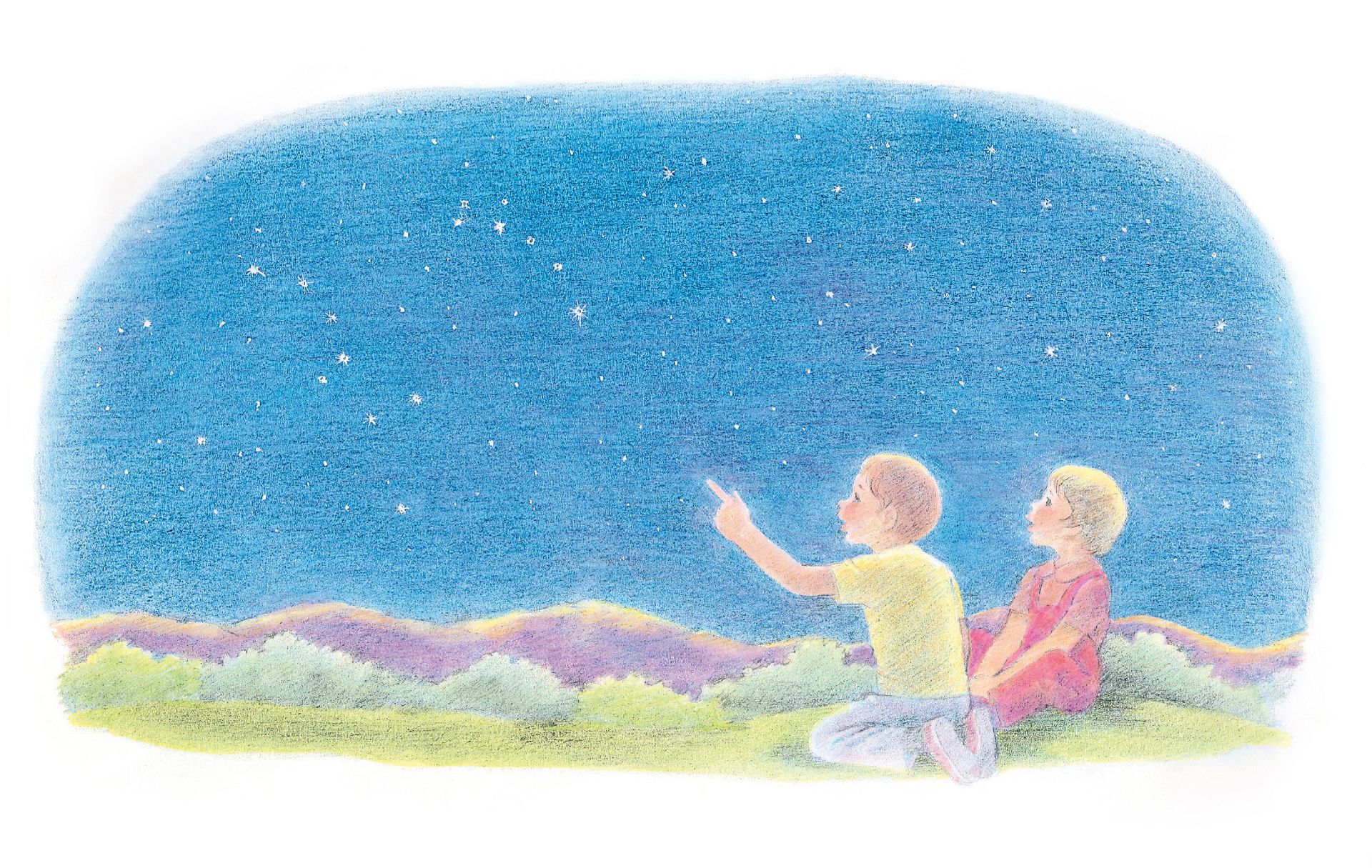 Two children sitting on grass, pointing at the stars overhead. From the Children’s Songbook, page 234, “Because God Loves Me”; watercolor illustration by Virginia Sargent.