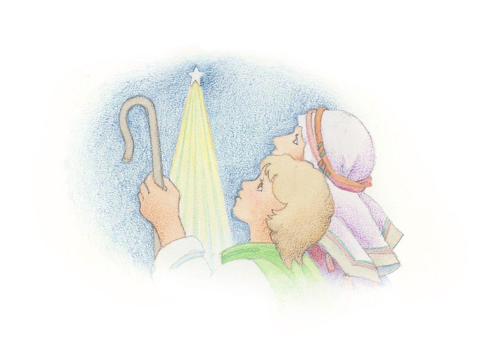 Shepherds see the Christmas star. From the Children’s Songbook, page 47, “Sleep, Little Jesus”; watercolor illustration by Phyllis Luch.