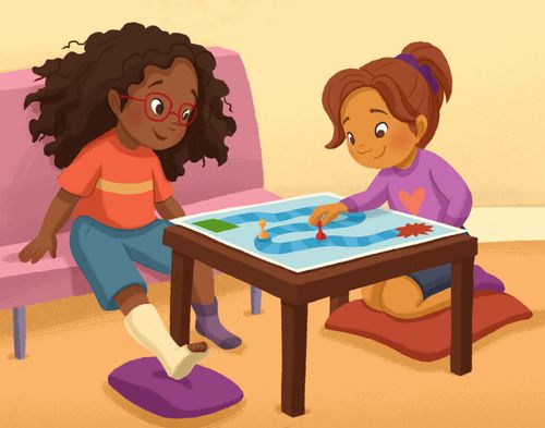 Girl playing a board game with a friend who has a broken leg