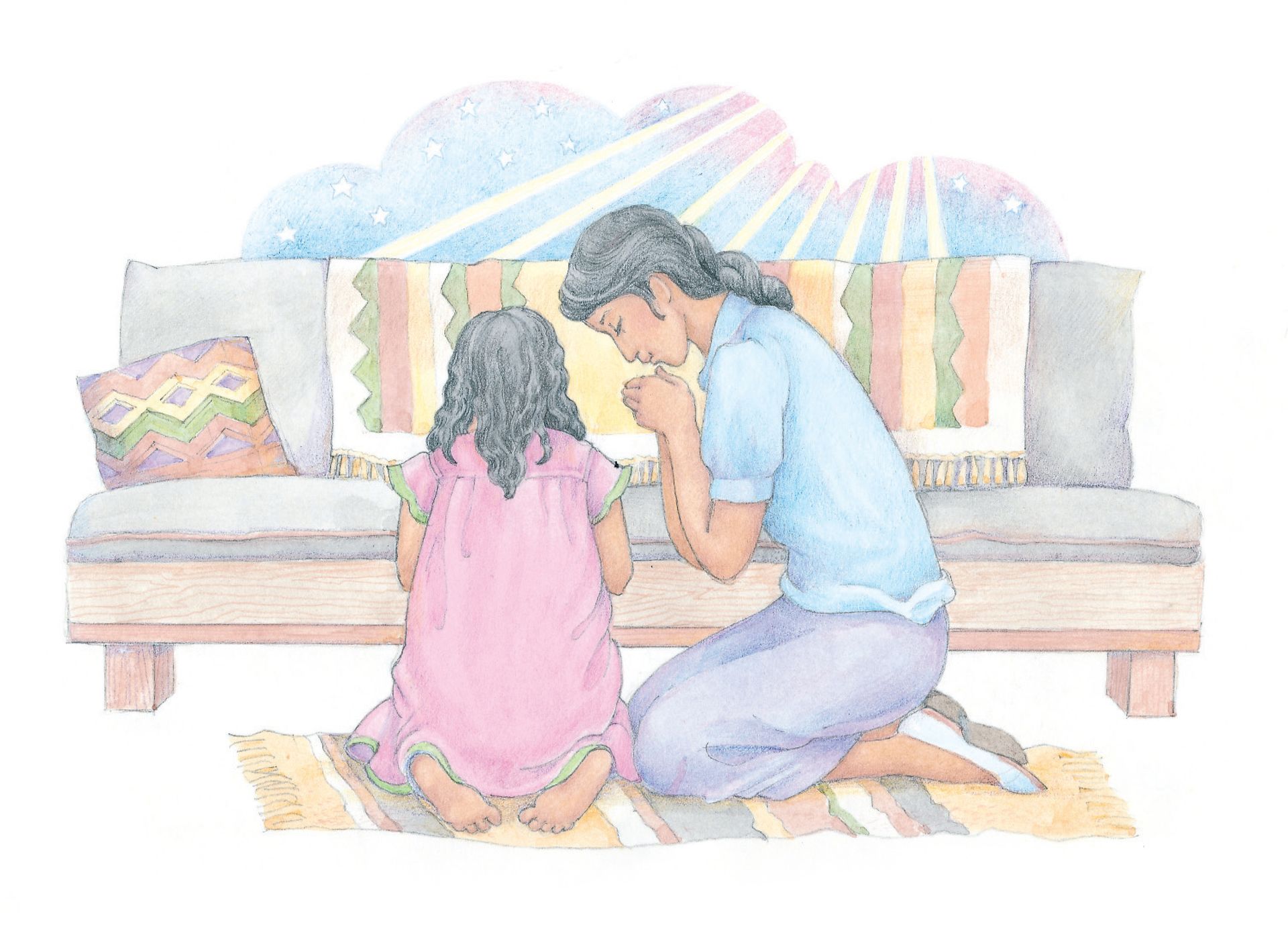 A mother and daughter kneel together in prayer. From the Children’s Songbook, page 15, “If with All Your Hearts”; watercolor illustration by Phyllis Luch.