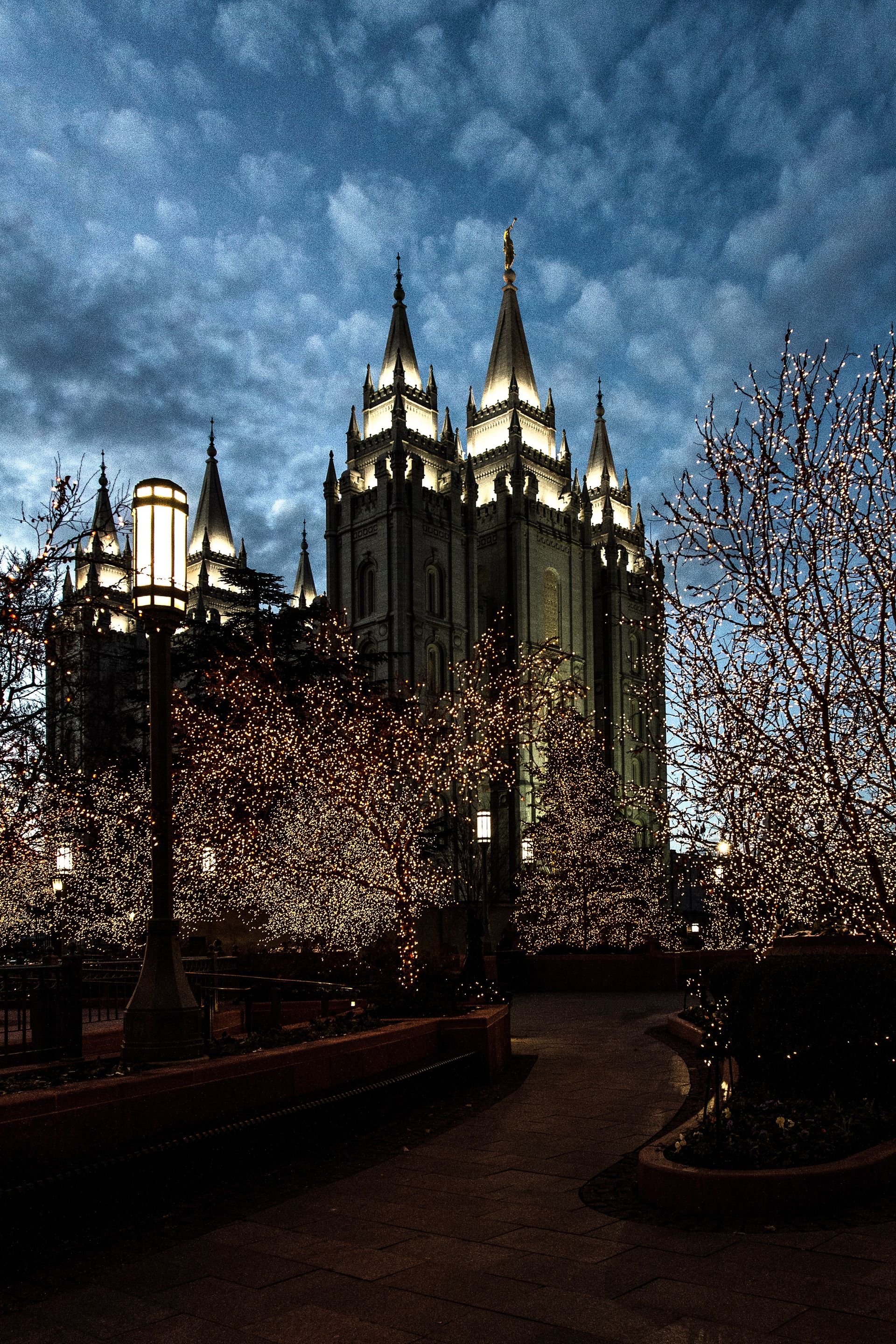 Christmas lights decorate the grounds of the Salt Lake Temple.