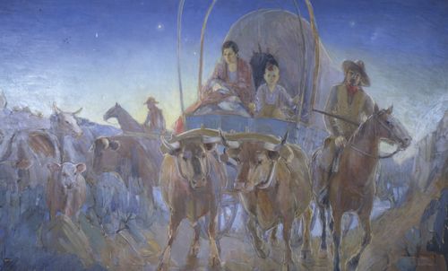 A painting of a mother holding her baby while riding in a covered wagon at dawn.