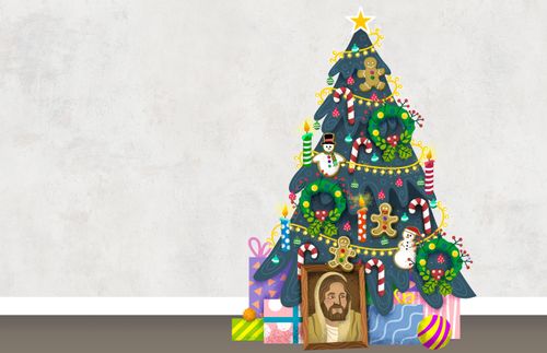 Imagem do Salvador em frente a uma árvore de Natal