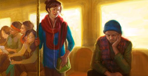 young woman and man on train